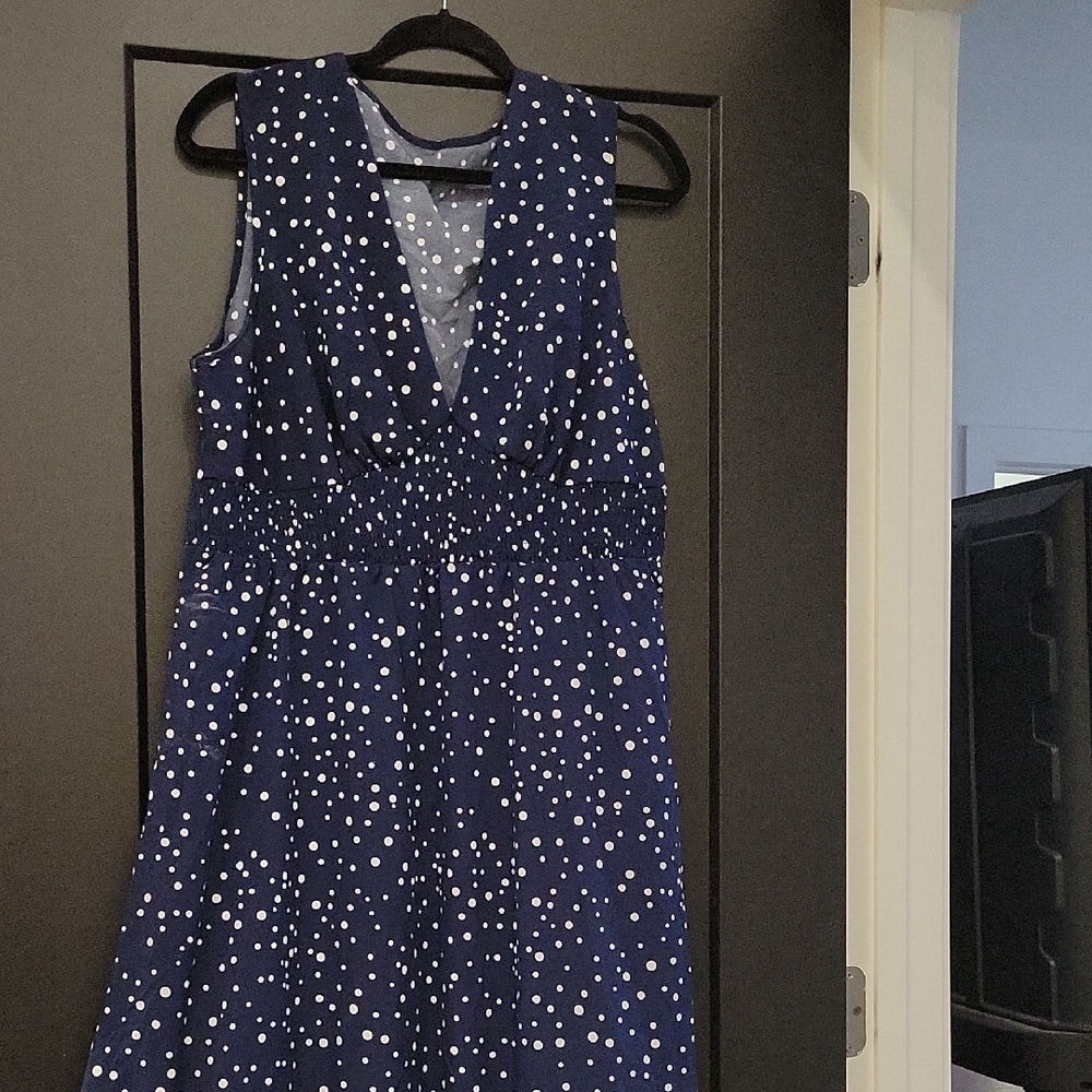 SHEIN Navy and White Polka Dot Midi Dress